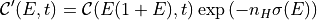 \mathcal{C}'(E, t) = \mathcal{C}(E(1 + E), t) \exp{(-n_H \sigma(E))}